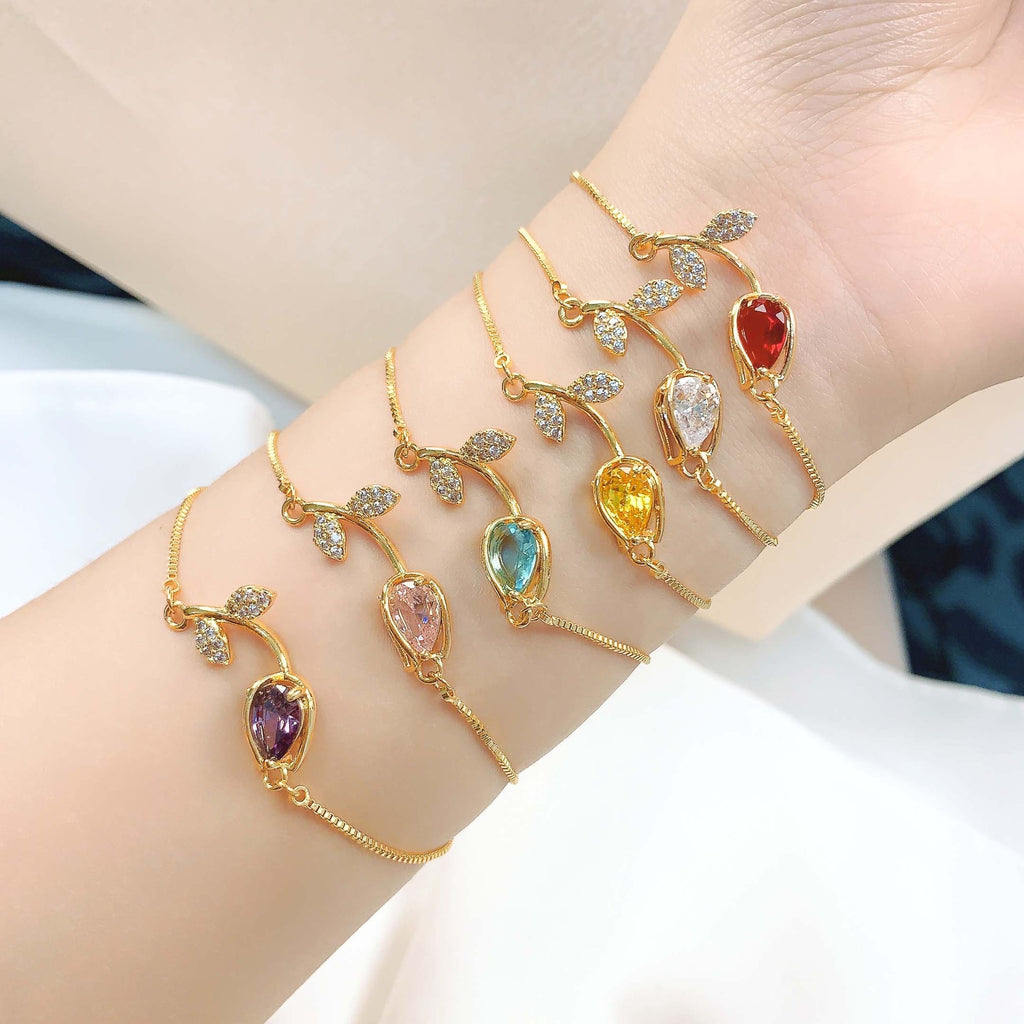 Gold Plated Tulip Crystal Bracelet - Adjustable Dainty Flower Bangle for Women
