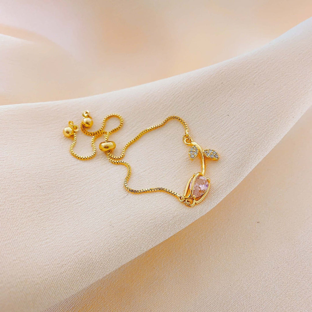 Gold Plated Tulip Crystal Bracelet - Adjustable Dainty Flower Bangle for Women