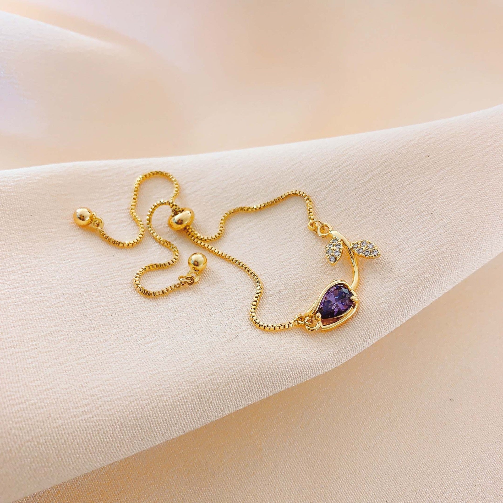 Gold Plated Tulip Crystal Bracelet - Adjustable Dainty Flower Bangle for Women