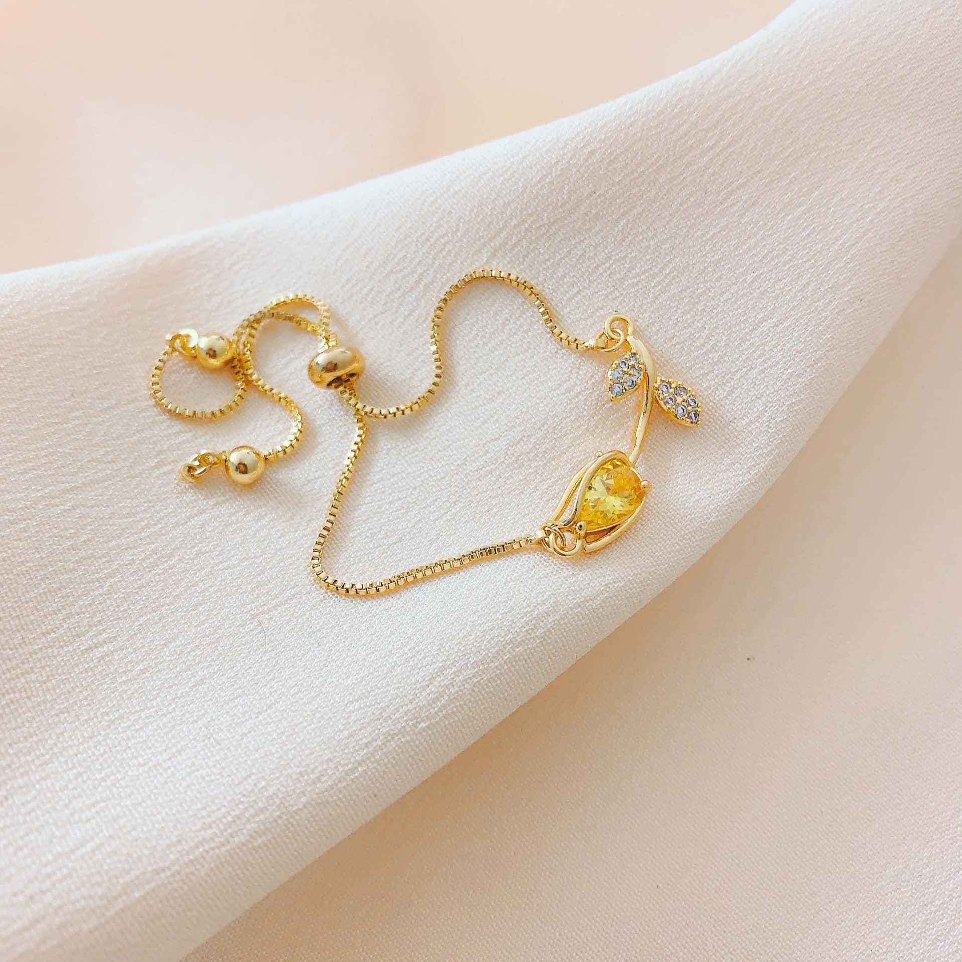 Gold Plated Tulip Crystal Bracelet - Adjustable Dainty Flower Bangle for Women