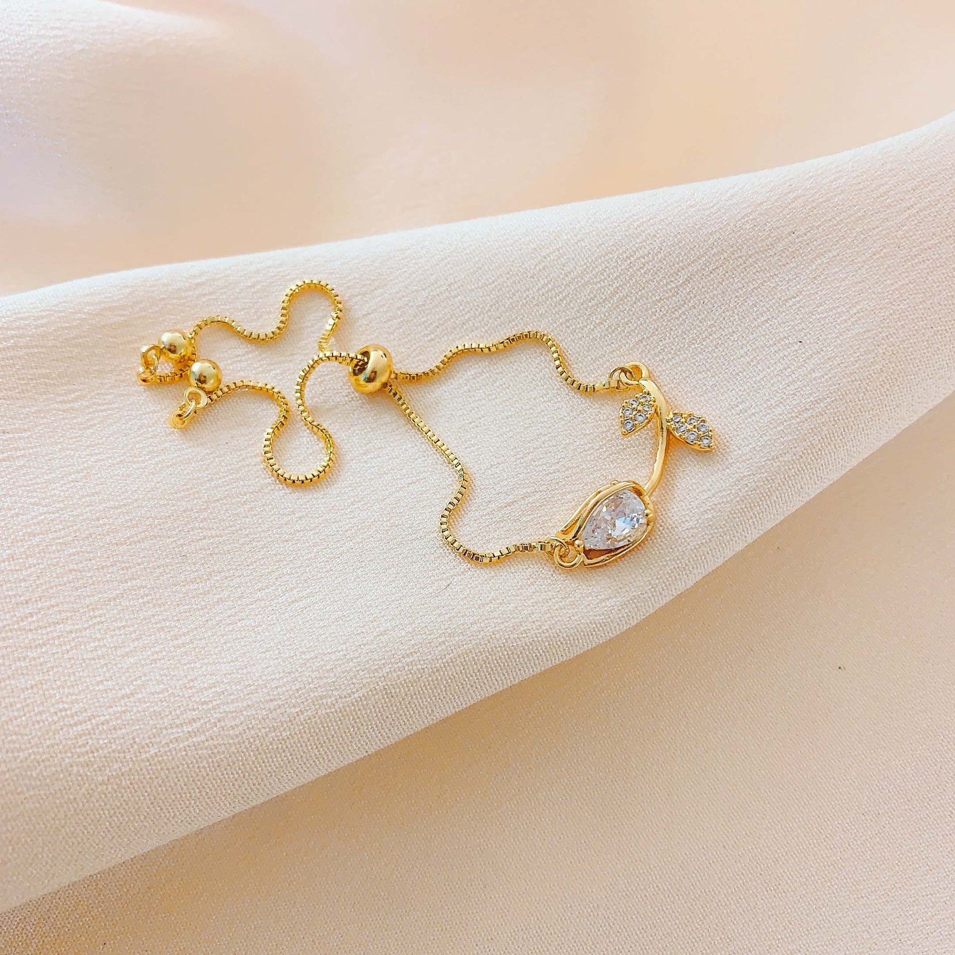Gold Plated Tulip Crystal Bracelet - Adjustable Dainty Flower Bangle for Women
